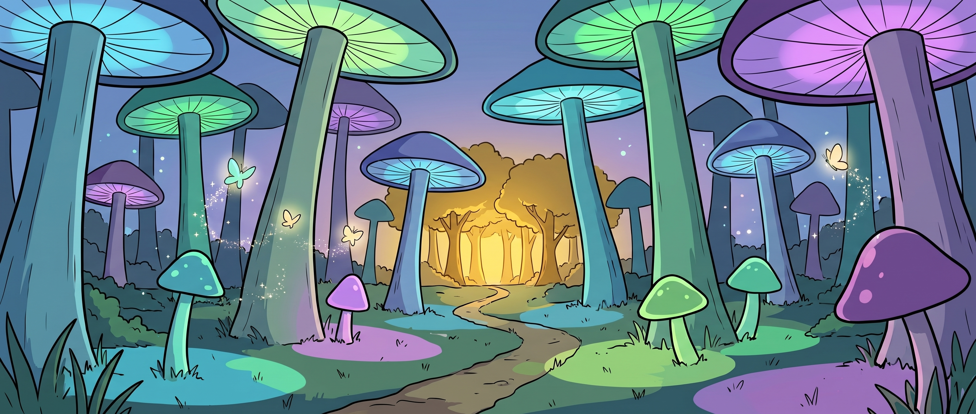 A bioluminescent mushroom forest glowing in blues, greens, and purples, with small glowing butterfly creatures trailing stardust along a winding path toward a golden grove in the distance.