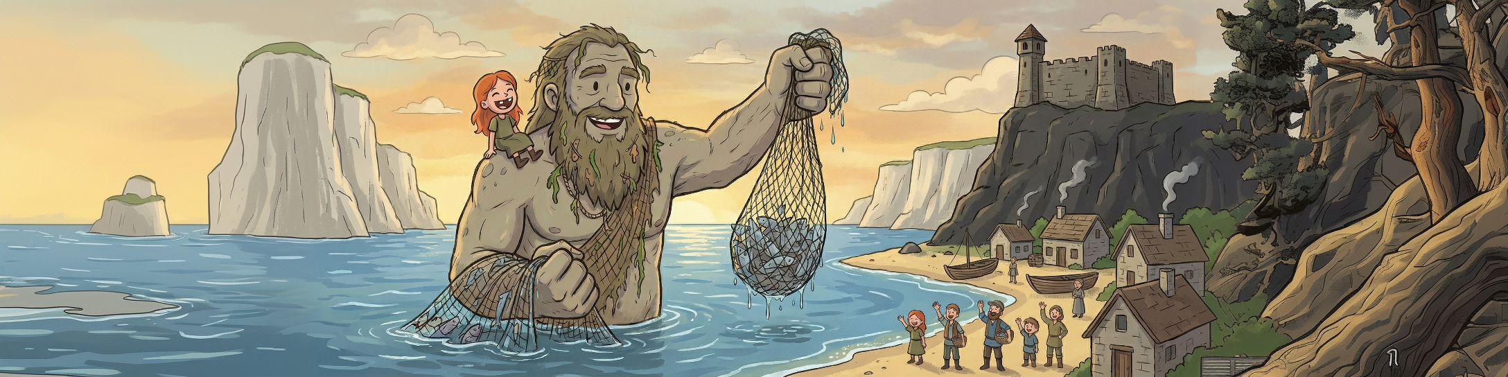 Old Bramble the gentle hill giant hauls a net of fish from the sea with red-haired Willa laughing on his shoulder, while fishermen wave from a beach beneath white cliffs topped by Thorne's Keep.
