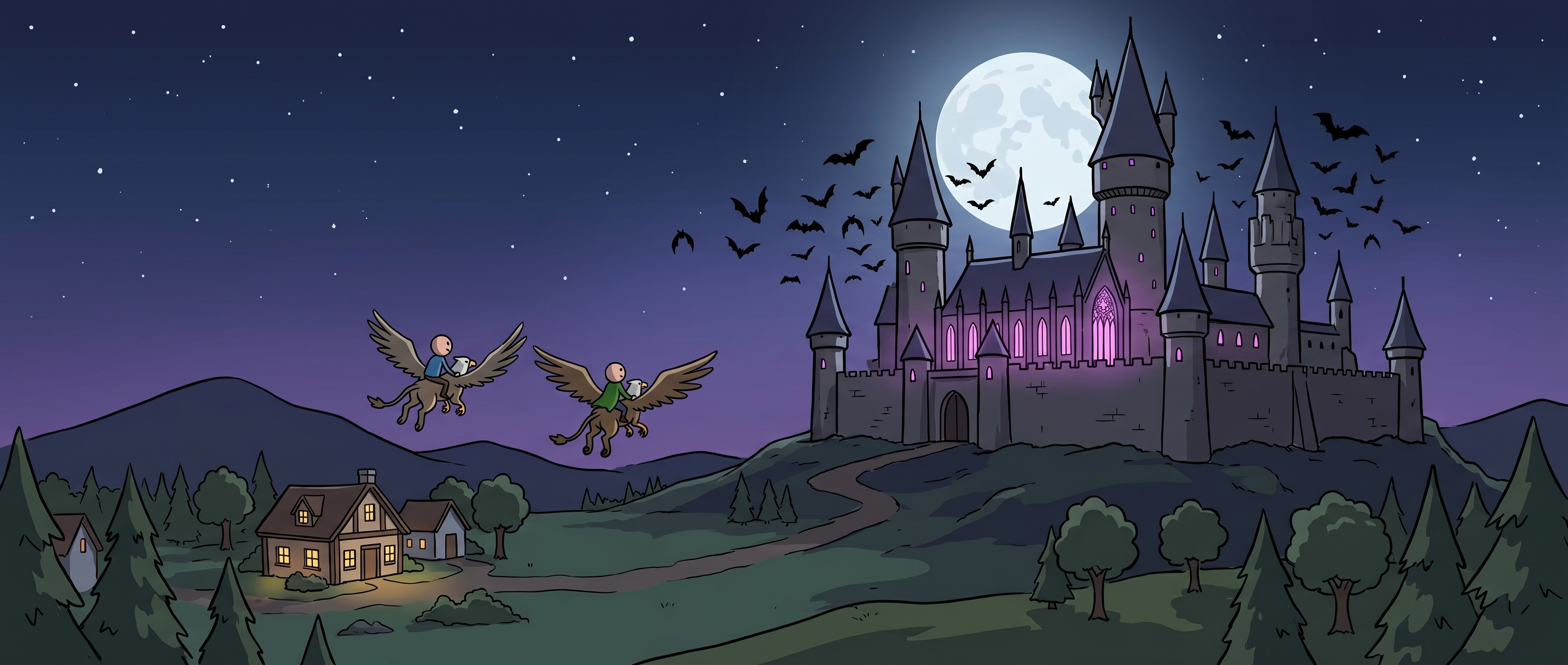 Two adventurers fly on griffons from a village tavern toward a castle academy of magic at night, its great hall glowing purple under a full moon as a swarm of bats circles its towers.