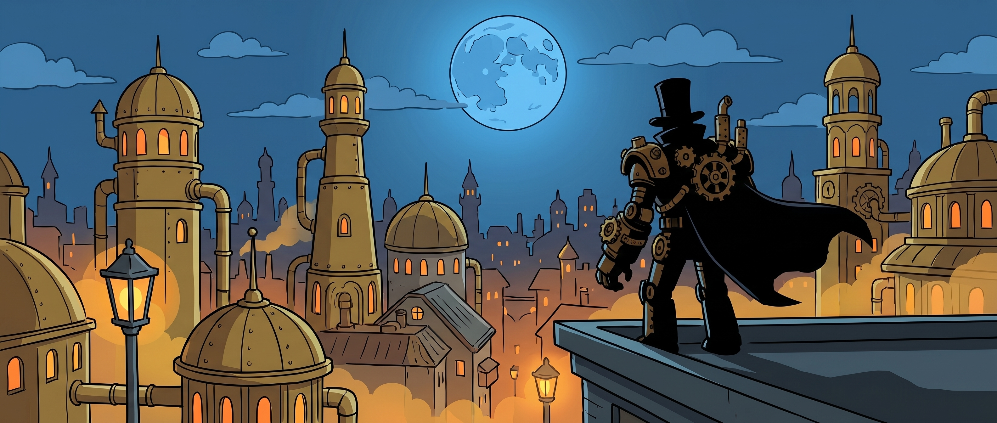 Baron McDoom overlooking the steampunk city of Gothos at night