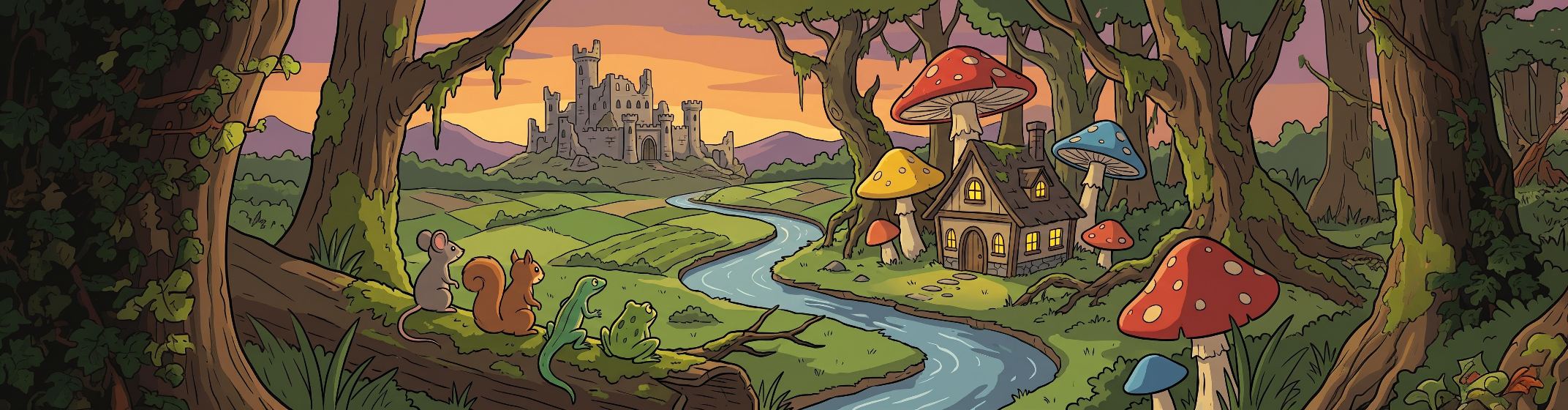 A witch's mushroom hut in an enchanted swamp, with a winding river, farmlands, and a distant crumbling castle, and the tiny animal heroes watching from a log