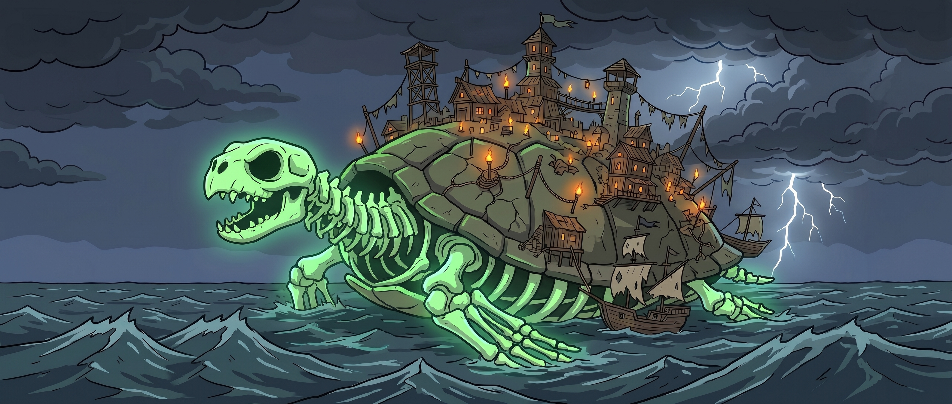 Shellhaven, the colossal skeletal undead sea turtle with a pirate town built into its shell, sailing a stormy night sea