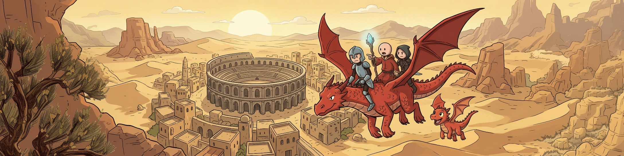 Adventurers riding a dragon flying away from a desert coliseum, with a baby dragon following