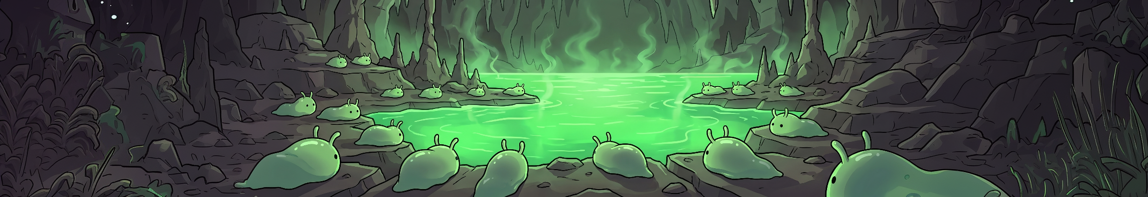 An eerie underground cavern with a glowing green lake and slug creatures resting on the rocks along the shore